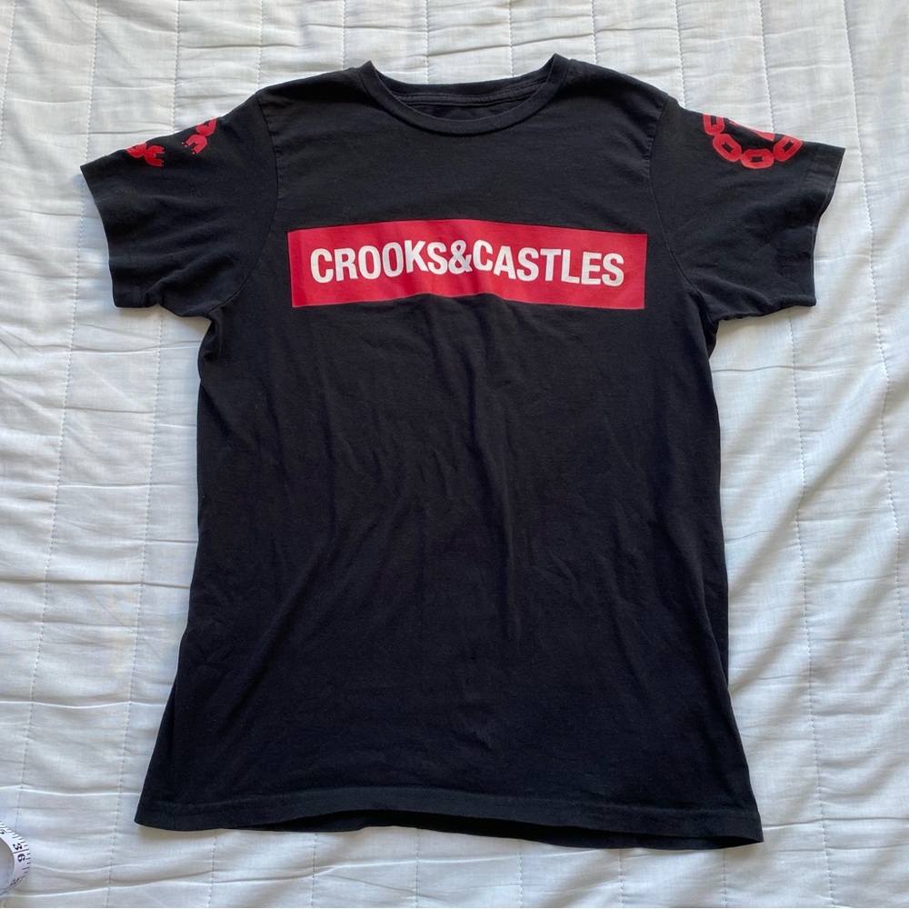 Crooks & Castles Black T‑Shirt with Red Logo and Sleeve Graphics